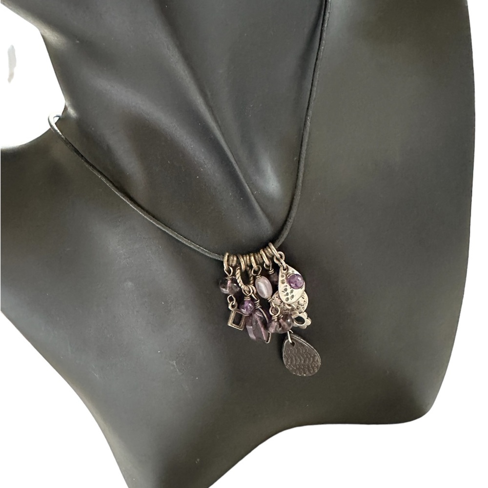 Retired Silpada Necklace Sterling Silver Amethyst Multi Charms Leather Necklace